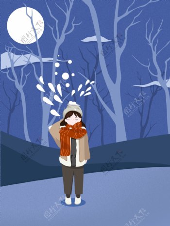 手绘冬日树林夜景背景素材