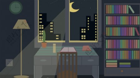 晚安你好月光下的书房背景素材