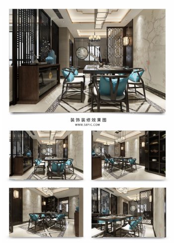 新中式餐厅效果图模型明亮吊灯