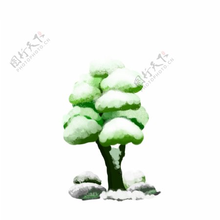 手绘卡通植物雪中的树木