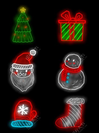 原创手绘霓虹灯圣诞节日礼物圣诞树袜子雪人