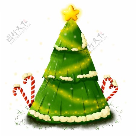 原创手绘圣诞元素圣诞树拐杖糖节日下雪星星