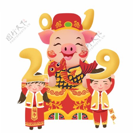 中国风财神猪和儿童