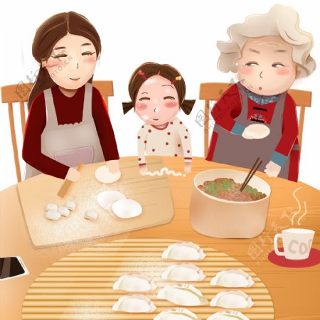 温馨冬至一家人包饺子