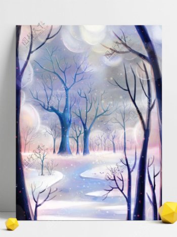 五彩手绘冬季树林背景素材