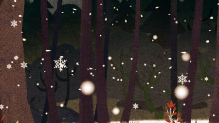 手绘黑夜树林雪花背景素材