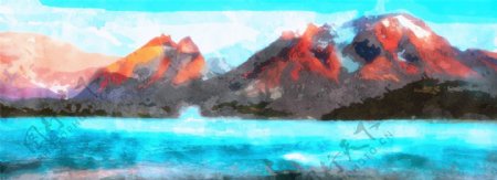 全原创手绘水彩天空火山水风景背景