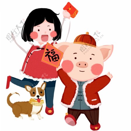 喜庆春节女孩和小猪一起过年