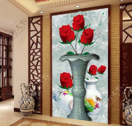 浪漫红玫瑰花瓶大理石玄关