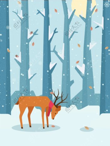 彩绘冬季树林麋鹿背景设计