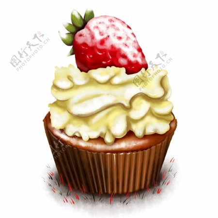 原创手绘食物黄奶油草莓糖霜咖啡杯子蛋糕