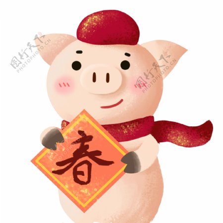 春节拿着贴纸的卡通小猪设计