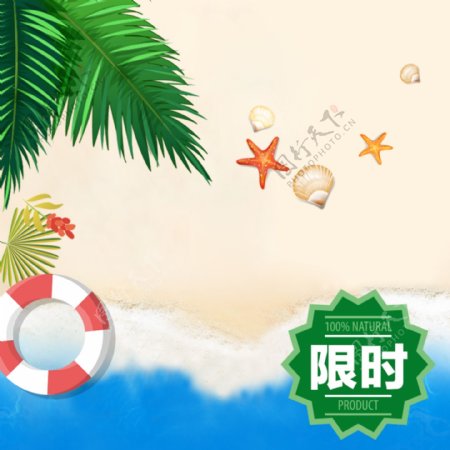 夏季海边沙滩椰树叶子清凉夏日产品主图模板