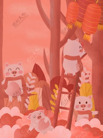珊瑚红小猪新年快乐背景设计