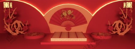 全原创3D空间古风春节红色喜庆舞台背景