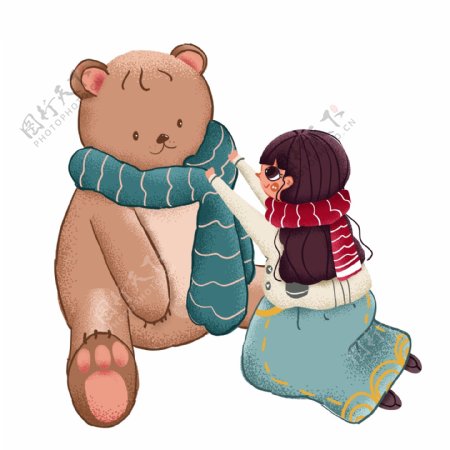 温馨治愈系给小熊围围巾的女孩人物设计