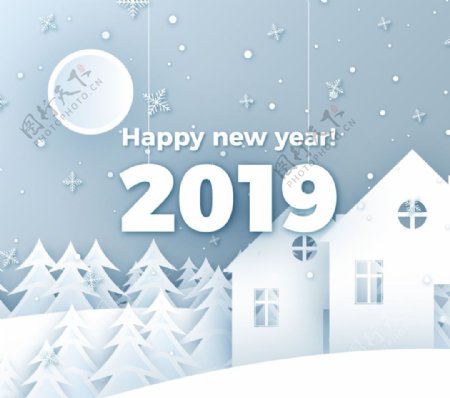 2019年白色新年房屋和树林