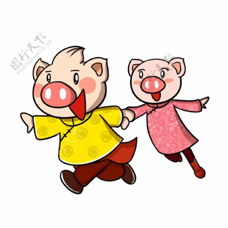 卡通新年猪年小猪快跑png透明底