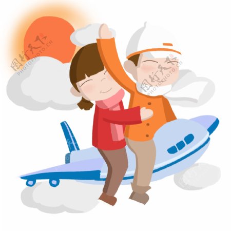 手绘骑在飞机上的情侣插画