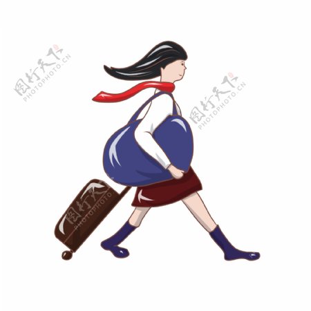 拉着行李箱的女孩插画