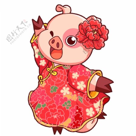 带着可爱小红花的卡通新年小猪免抠图