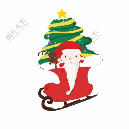 圣诞树和圣诞老人滑雪