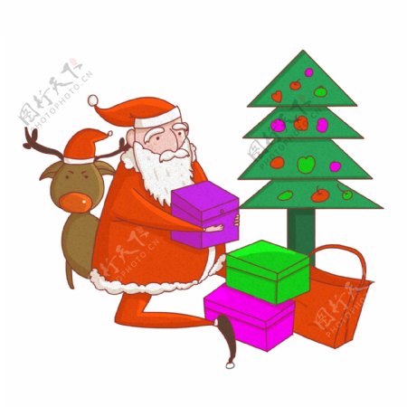 圣诞节圣诞老人和圣诞树礼盒插画