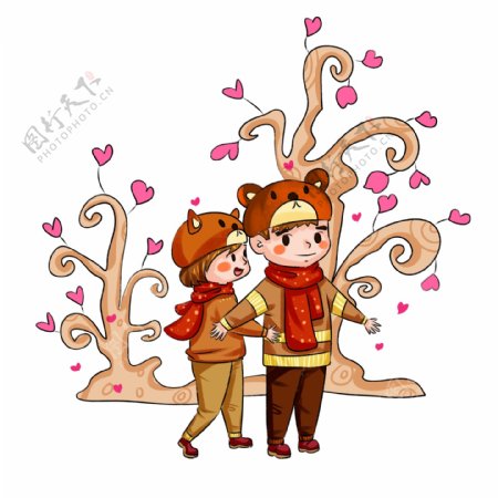 情人节爱情树手绘插画