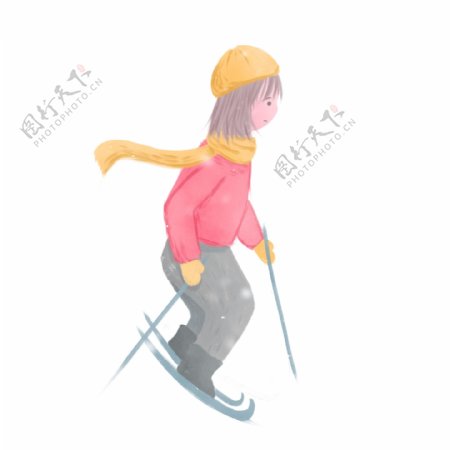 大雪中滑雪的女孩插画手绘元素