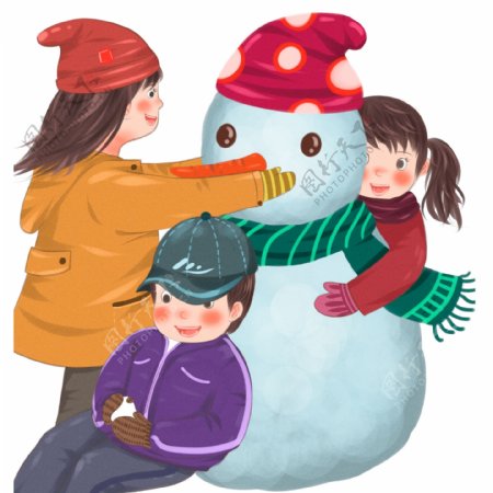 手绘冬天堆雪人的三个小孩
