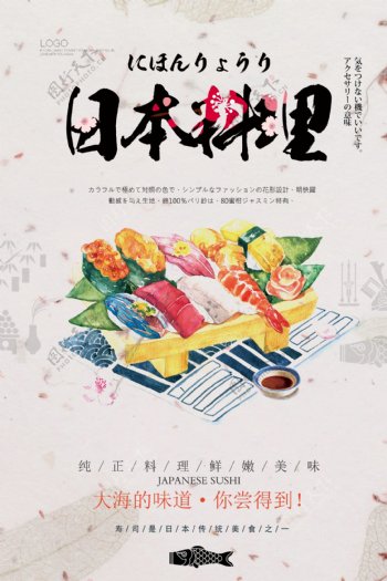 黄色背景简约美食日本寿司宣传海报