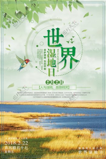 2018简约清新世界湿地日保护环境海报