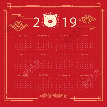 2019红色背景新年日历