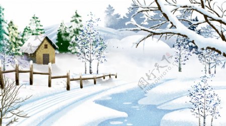 唯美小雪大雪雪地冬季风景插画