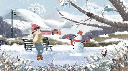 唯美小雪大雪冬季风景插画