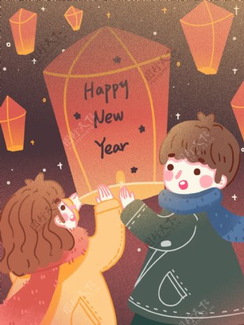 新年许愿放孔明灯的情侣庆祝新年场景扁平风