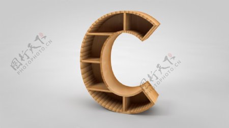 字母C形木质现代货架书架木架C4D建模