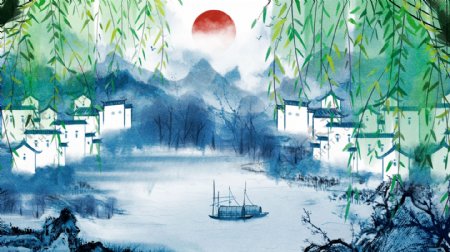 唯美中国复古水墨画风景画中国色彩水墨插画