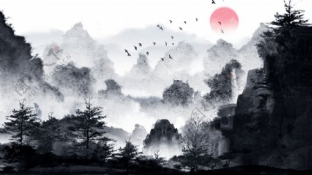 中国复古水墨水彩画风景画中国水墨插画