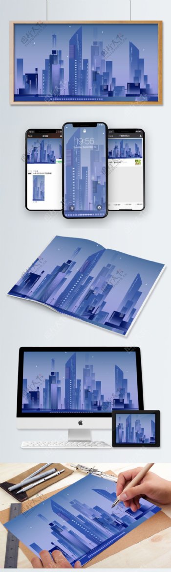 剪影城市系列夜景城市矢量插画海报背景