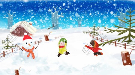 冬季雪景二十四节气大雪打雪仗肌理原创插画