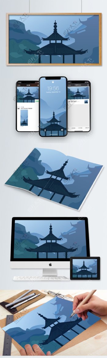 原创中国古风建筑寺庙矢量插画