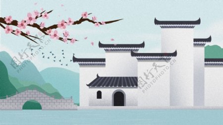 中国风古风徽州建筑插画