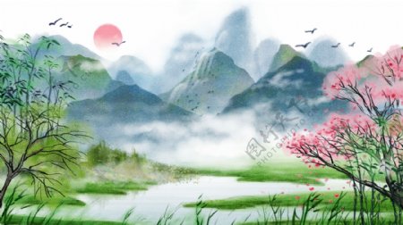 原创中国复古水墨画风景画水彩画插画