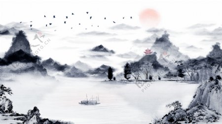 中国水墨画古风风景画唯美中国水墨插画