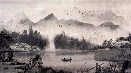 古风唯美中国风水彩画水墨画插画