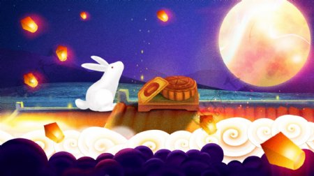 唯美传统节日中秋插画月饼屋顶上的兔子插画