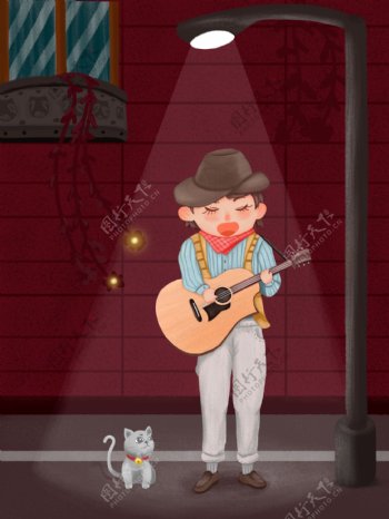 光棍节双11男子灯下猫伴弹吉他唱歌