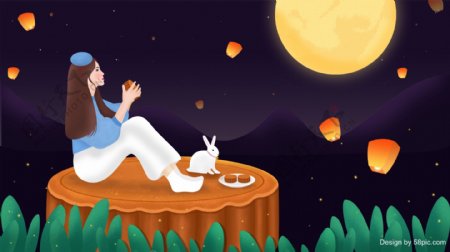 清新唯美中秋节之夜赏月吃月饼女孩插画