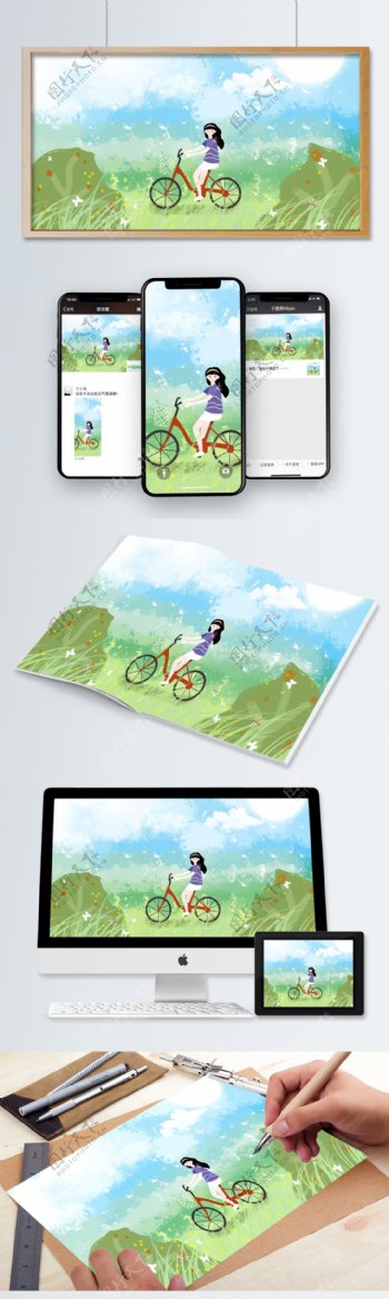 暑期学生学骑自行车原创插画小清新